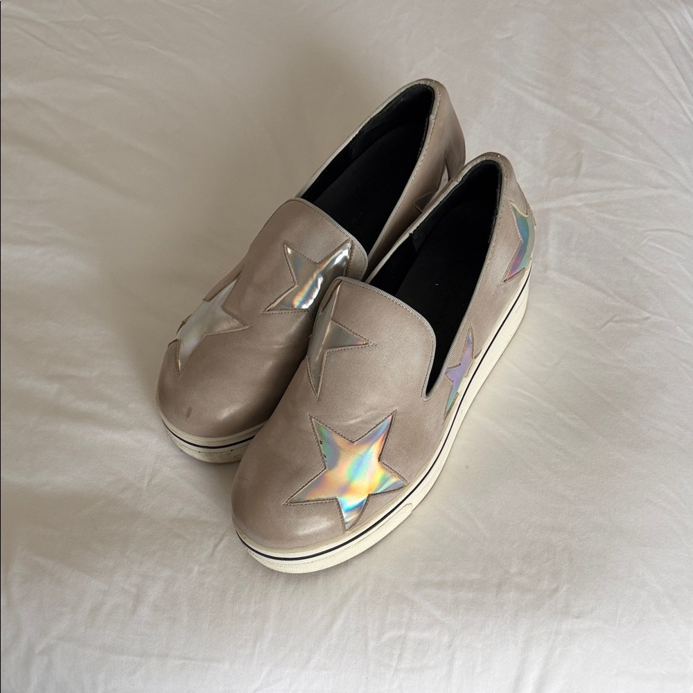 Stella McCartney Taupe Platform Slip-On Loafers with Iridescent Star Accents